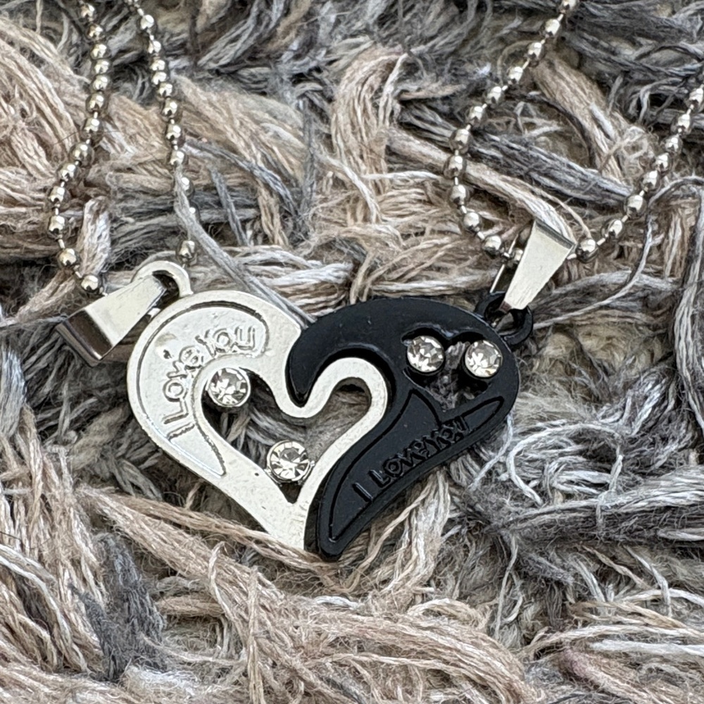 Black & Silver Heart Lovers’ Necklaces Puzzle Pieces Together Forever, Crystals - Picture 3 of 6